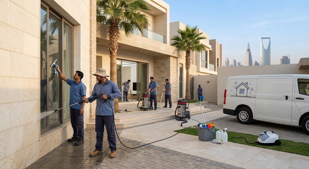 فريق عمل متخصص يقوم بأعمال التنظيف الشاملة للمنازل باحترافية ضمن خدمات شركة تنظيف حي الفلاح بالرياض
